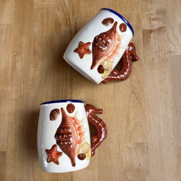 Seahorse Other - 3D Sea Horse Mug Cups Set Of 2 Ocean Theme Retro Mexican coffee Boho Beach Vibe